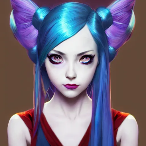 Prompt: a Portrait of JINX from League of Legends, blue hair, pigtail, intricate, elegant, highly detailed, digital painting, concept art, smooth, sharp focus, illustration, art by artgerm and greg rutkowski and alphonse mucha,artstation,deviantart,FAN ART,Unreal Engine,face enhance,8K,golden ratio,cinematic lighting H 704