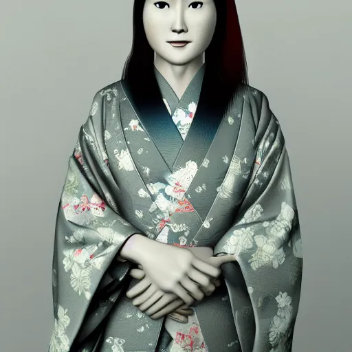 Image similar to Japanese female Justin Trudeau wearing kimono, realistic, photo studio, HDR, 8k, trending on artstation