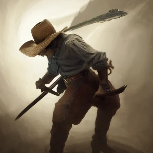 Image similar to cowboy with a katana striking an action pose, old, white beard, wrinkles, handsome, action pose, katana, profile, intricate, detailed, volumetric lighting, scenery, digital painting, highly detailed, artstation, sharp focus, illustration, concept art, ruan jia, steve mccurry