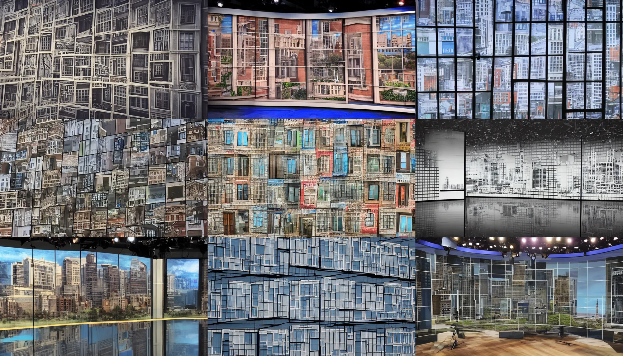 Prompt: A backdrop for the set of a news show depicting buildings from a very small town, jumbled together, simulated window grid, closeup,