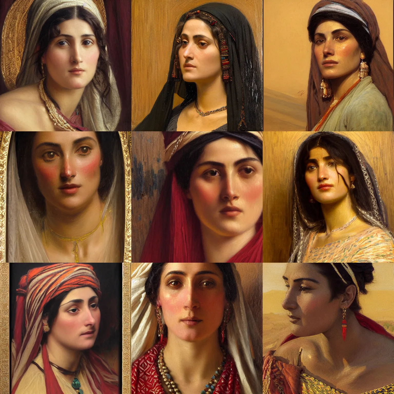 Prompt: orientalism face detail of a saharan dowser woman by edwin longsden long and theodore ralli and nasreddine dinet and adam styka, masterful intricate art. oil on canvas, excellent lighting, high detail 8 k