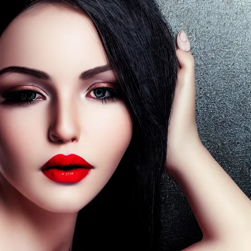 Prompt: complex 3 d render, ultra detailed, realistic photo of a beautiful porcelain skin woman, oval shape face, black long hair, dressed in dress, detailed almond eyes shape, red lipstick, plump lips, beautiful, studio photo, proportional