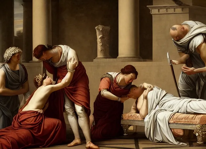 Image similar to this sorrowful picture illustrates the poignant death of lucretia which led to a revolt that overthrew the monarchy and established the republic of rome. hyperrealism, intricate details, trending on artsation