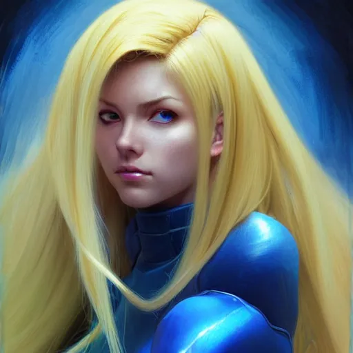 Prompt: portrait of Zero suit Samus with long blonde hair as League of Legends character, digital illustration portrait, dark fantasy, medium shot, intricate, elegant, highly detailed, digital painting, volumetric light, artstation, concept art, smooth, sharp focus, illustration, art by Donato Giancola and Gil Elvgren and Greg Manchess and Alphonse Mucha