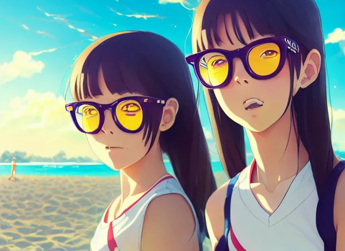 Prompt: portrait of cute high school girl playing beach volley, sunny sky background stadium landscape illustration concept art anime key visual trending pixiv fanbox by wlop and greg rutkowski and makoto shinkai and studio ghibli and kyoto animation symmetrical facial features sports clothing futuristic yellow glasses nike shirt