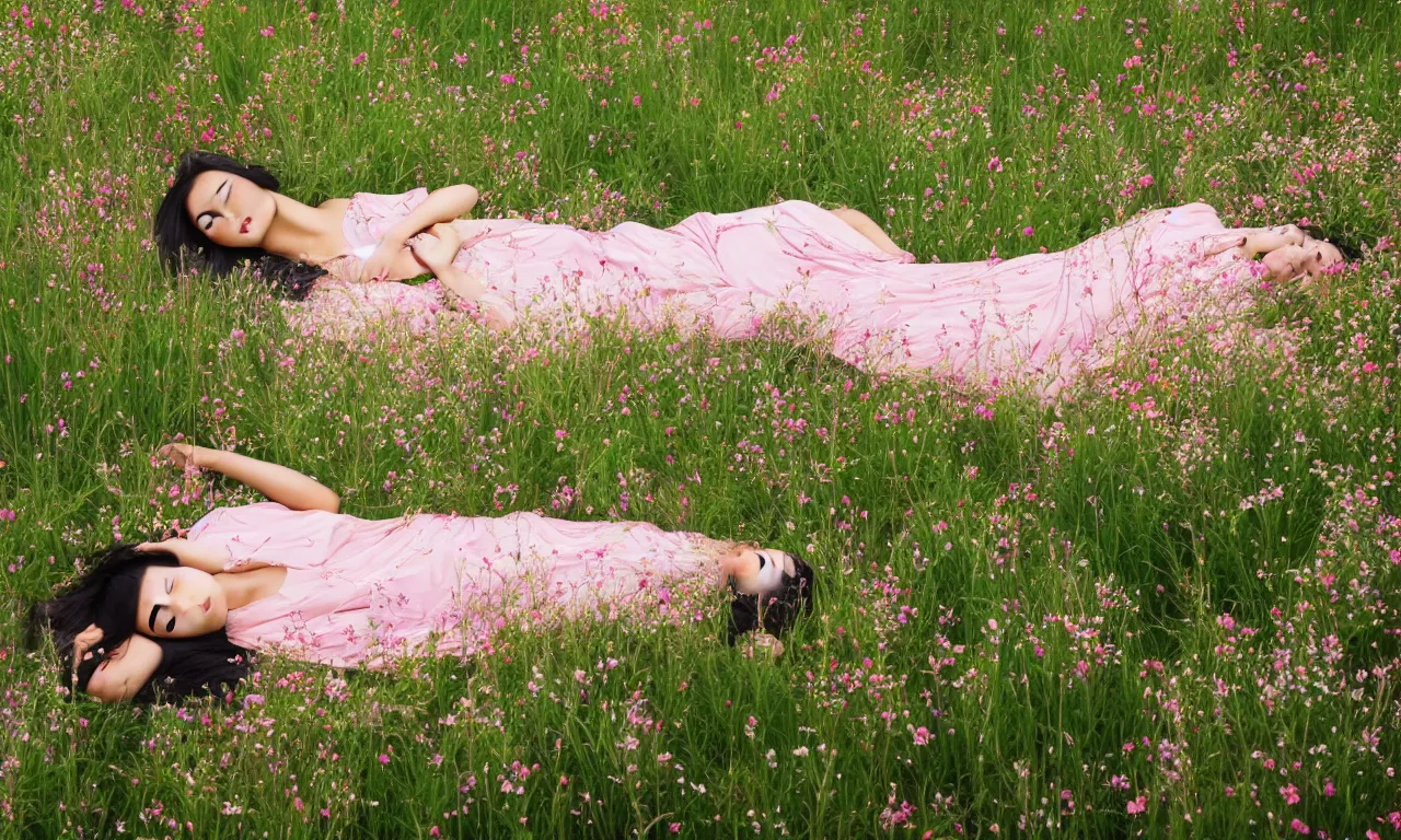 Prompt: a beautiful young Asian woman lying in a field of wildflowers, wearing a sun dress, portrait, dreamy