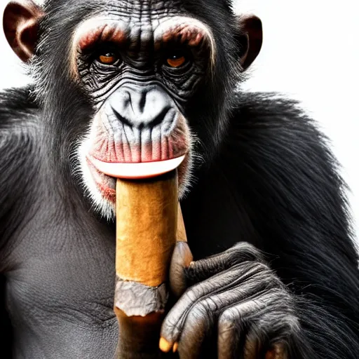 Image similar to a high detail closeup shot of a chimp wearing a suit, smoking a cigar