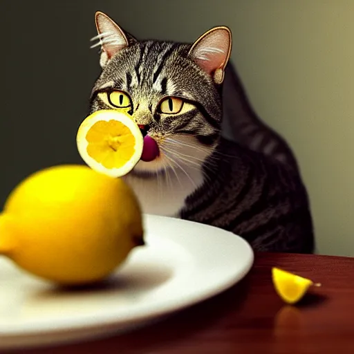 Image similar to a cat eating a lemon in disgust, photorealistic, 4K