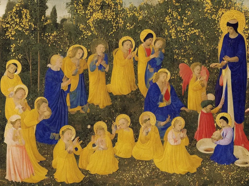 Image similar to Indian Woman dressed in yellow with 10 babies. Jasmine flower all over, garden outside with Cypresses. An angel is arranging the seashells. Painting by Fra Angelico.