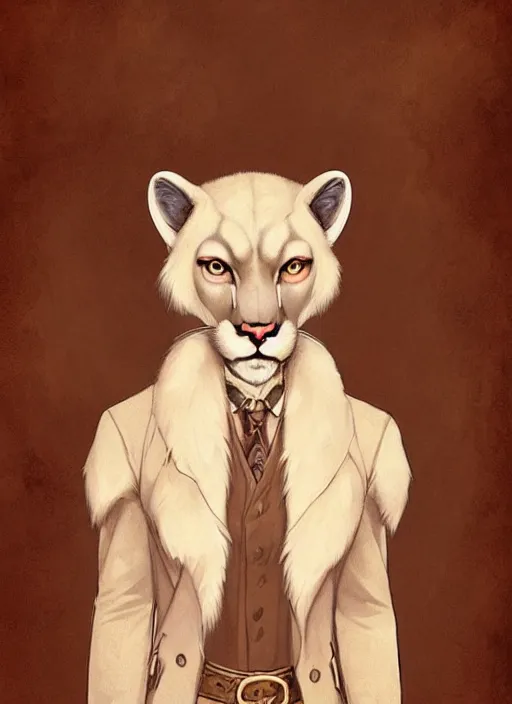 Prompt: beautiful portrait commission of a male furry anthro albino mountain lion in an old-timey Saloon wearing old-timey clothes. Atmospheric. Character design by charlie bowater, ross tran, artgerm, and makoto shinkai, detailed, inked, western comic book art