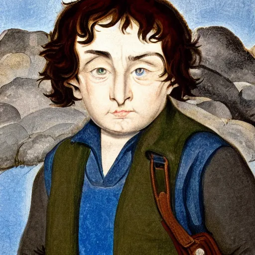 Prompt: close up headshot of a frowning clean shaven pudgy British lad with short curly dark brown hair as a hobbit wearing a white men's crossbody sling chest bag and blue vest, blue vest!! white crossbody chestbag!! high resolution film still, painting by William Blake