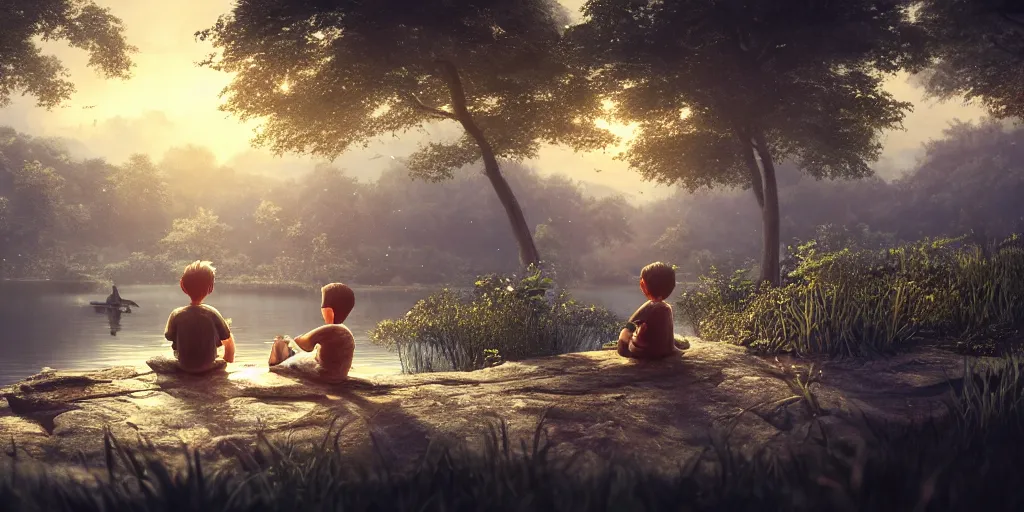 Prompt: a silver dragon and a boy sitting next to lake in forest, many fireflys, at night, concept art, dof, cryengine, digital art, detailed background, makoto shinkai
