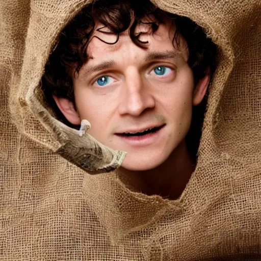 Image similar to frodo from lord of the rings in a burlap sack of potatoes, photography, realistic, mid shot, in his hobbit home