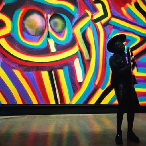 Prompt: 🌈 miles davis meets madonna with pork pie hat, art work at moma