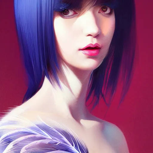 Image similar to 3 / 4 view of a portrait of a woman with feather wings, confident pose, pixie, genshin impact, magical, intricate, elegant, sharp focus, illustration, highly detailed, concept matte, trending on artstation, anime, strong brush stroke, sharp focus, illustration, art station, art by ilya kuvshinov and artgerm h 6 4 0