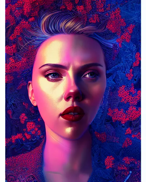 Prompt: highly detailed vfx portrait of scarlett johansson, red lipstick, global illumination, detailed and intricate environment by james jean, liam brazier, victo ngai and tristan eaton