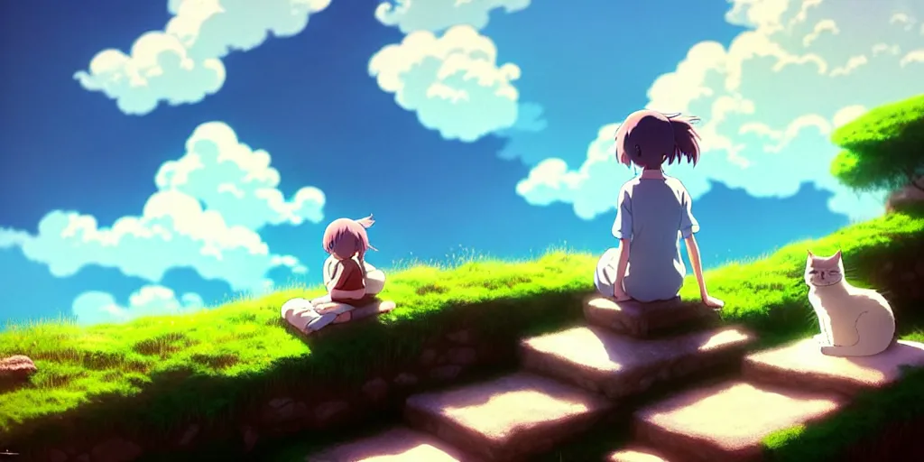 Image similar to the girl and the cat, sitting on stairs. morning in a small village in the mountains, rocky roads, beautifull puffy clouds. anime, studio ghibli. intricate, beautiful, cinematic. professional digital painting, artstation, concept art, smooth, Unreal Engine 5, 8k, cinema 4d, 3D