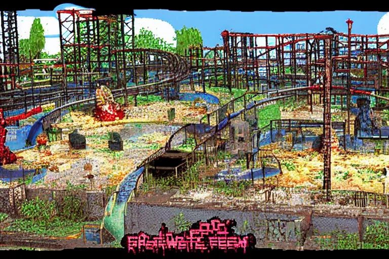 Image similar to creepy and wet abandoned waterpark, retro, pixelated, doom screenshot, 1 9 9 3, gzdoom