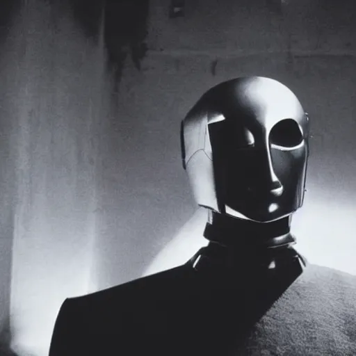 Image similar to movie scene of a man with a robot head, movie still, cinematic composition, cinematic light, Movie by David Lynch, Movie by Andrzej Żuławski