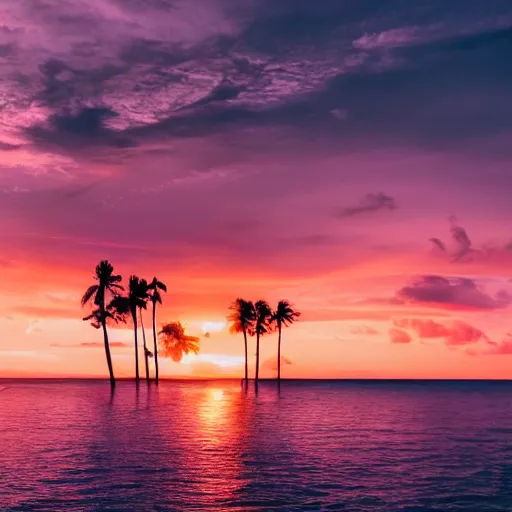 Image similar to Photo of the middle of the ocean, tiny islands made of sand and sandbars, a couple of palm trees, sunset, pink clouds, dreamy, enchanting, ultrarealistic, establishing shot