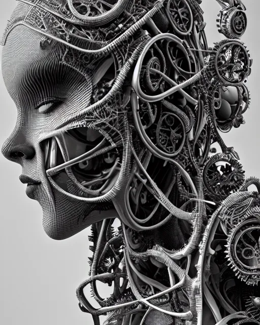 Prompt: mythical black and white organic bio-mechanical spinal ribbed profile face portrait detail of mechanical beautiful Nicole Aniston as an angelic-vegetal-cyborg, highly detailed, intricate steampunk ornate, poetic, 3D render, digital art, octane render, 8K artistic photography, photo-realistic, by Dora Maar