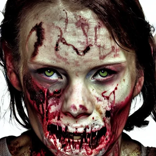 Prompt: a female zombie from the walking dead, mutilated, without the right arm, young, latina