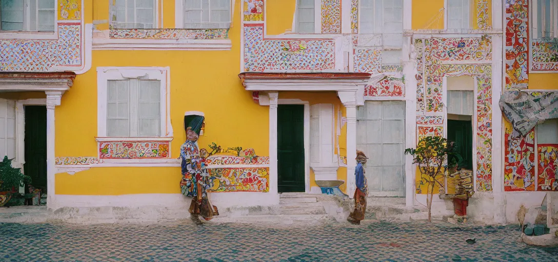 Prompt: colonial house with multicolored portuguese tiles. photographed by wes anderson. fujinon premista 1 9 - 4 5 mm t 2. 9. portra 8 0 0.