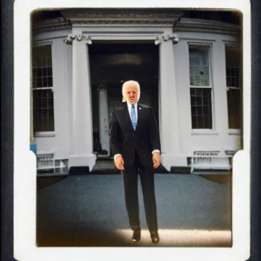 Image similar to polaroid photograph of Joe Biden standing in front of the white house on fire