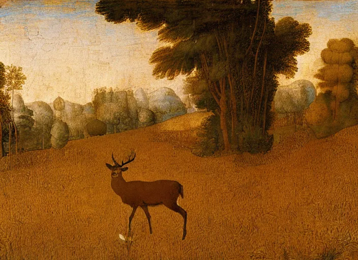 Image similar to A painting in the style Leonardo Da Vinci of a deer standing in a wheat field surrounded by a forest