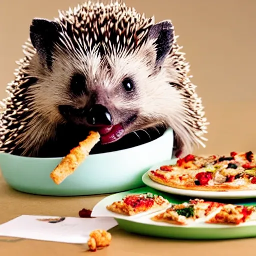 Image similar to still image of a cute hedgehog sitting at a tiny table eating a tiny pizza, photo