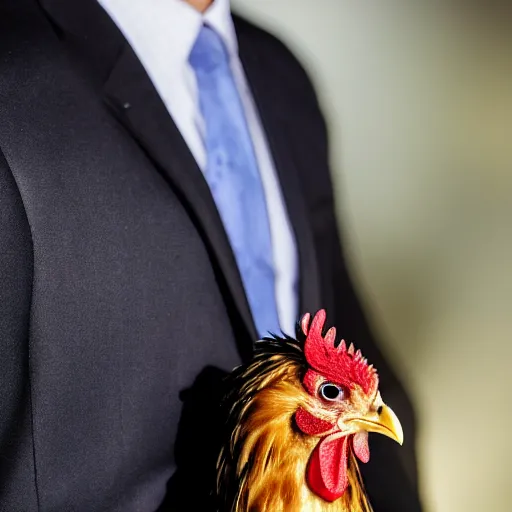 Prompt: a closeup shot of a chicken wearing a suit, photorealistic