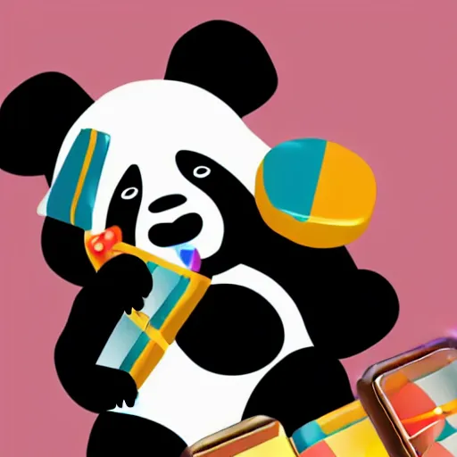 Image similar to vector artwork of a panda eating a chocolate bar, colorful, playful