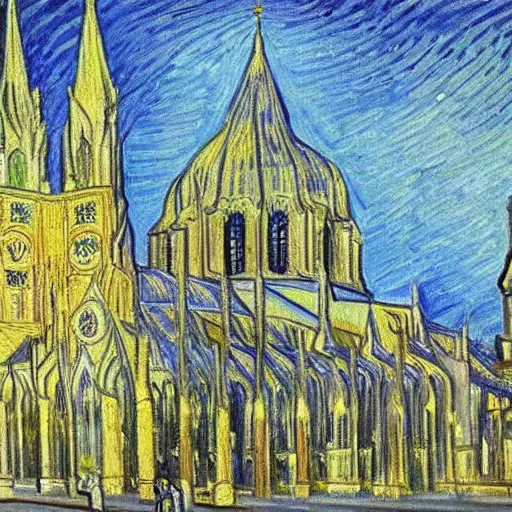 Image similar to a drawing off the aachener cathedral, painted by van gogh.