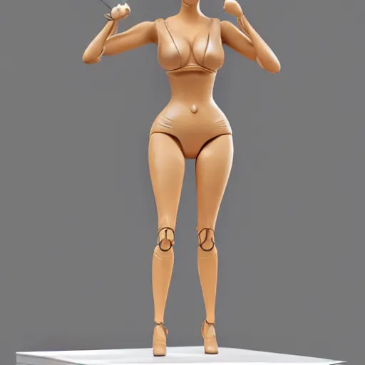 Prompt: Kim kardashian standing on a model stand as an action figure, photorealism, uhd, octane render, buttshape, realistic, wide shot, full shot, photorealistic, multiple angles, 3d, action figure,