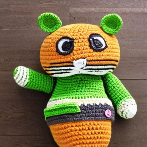 Prompt: crochet tiger wearing a jumper knitted jumper