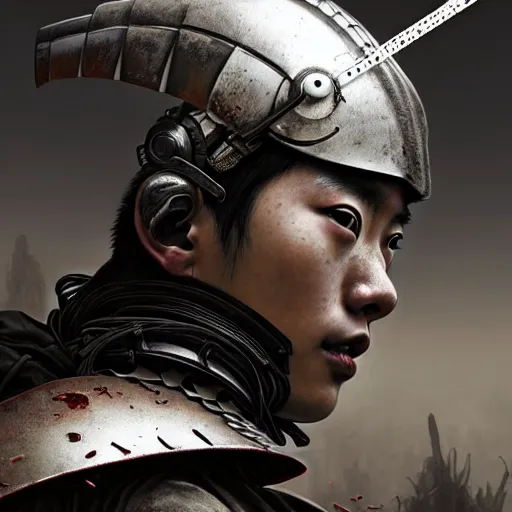 Image similar to portrait painting of a post - apocalyptic japanese young man wearing rusty samurai armor, ultra realistic, concept art, intricate details, eerie, highly detailed, photorealistic, octane render, 8 k, unreal engine. art by artgerm and greg rutkowski and charlie bowater and magali villeneuve and alphonse mucha