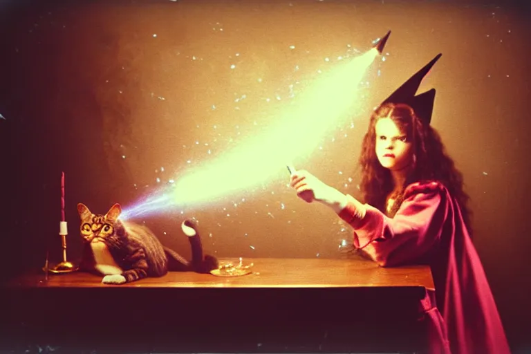 Prompt: close up portrait, dramatic lighting, teen witch aggressively pointing a magic wand casting a spell over a table, fireworks, cat on the table in front of her, sage smoke, magic wand, a witch hat cloak, apothecary shelves in the background 1 9 7 0's photo, polaroid, damaged film