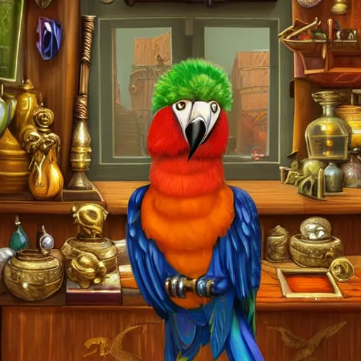 Image similar to Anthropomorphized parrot trader in his shop, selling his wares, portrait, items, gold, magic potions, carpet, window, sly expression , cunning expression, cute expression, long beak, presenting wares, holding a gold bag, D&D, fantasy, cinematic lighting, highly detailed, digital painting, artstation, concept art, smooth, sharp focus, illustration, warm light, cozy warm tint, magic the gathering artwork, volumetric lighting, 8k, art by Akihiko Yoshida, Greg Rutkowski