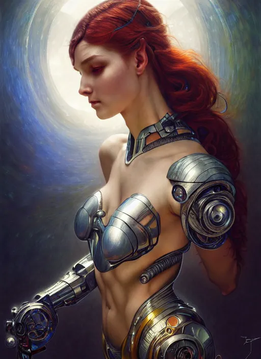 Image similar to cyborg recharging, diffuse lighting, fantasy, intricate, elegant, highly detailed, lifelike, photorealistic, digital painting, artstation, illustration, concept art, smooth, sharp focus, art by John Collier and Albert Aublet and James jean and Brian froud and ross tran and Artem Demura and Alphonse Mucha