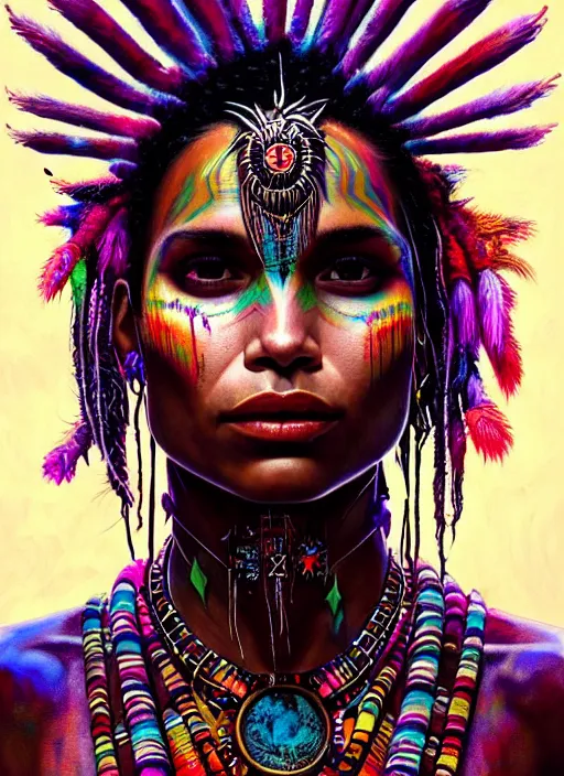 Image similar to portrait of zoe kravitz, hyper detailed ultra sharp aztec shaman warrior. trending on artstation, warpaint aesthetic, bloodwave, colorful, psychedelic, ornate, intricate, digital painting, concept art, smooth, sharp focus, illustration, art by artgerm and greg rutkowski and h. r. giger, 8 k