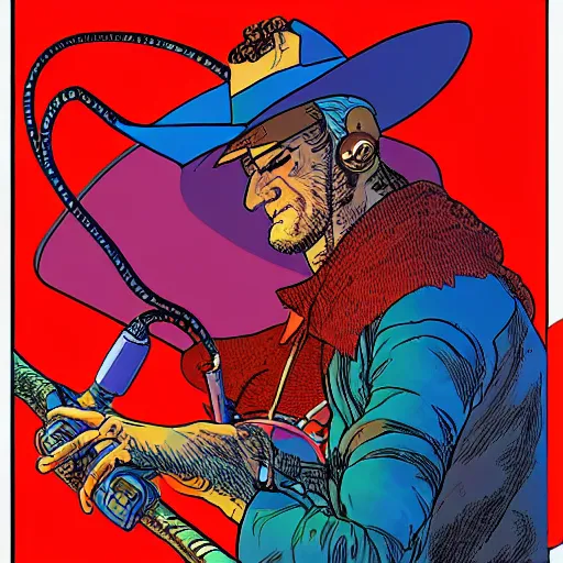 Image similar to drawn in the style of jean giraud!! moebius!! rackham the red wearing headphones and speaking into big microphone, podcast studio