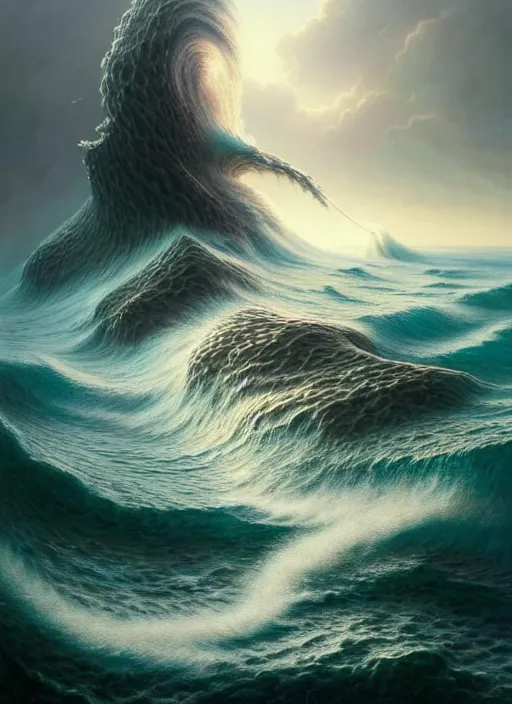 Image similar to a hyper - detailed 3 d render like a oil painting of aquatic animals cresting and crashing tidal waves, surrealism!!!!! surreal concept art, lifelike, photorealistic, digital painting, aesthetic, smooth, sharp focus, artstation hd, by greg rutkowski, bruce pennington, valentina remenar and asher duran,