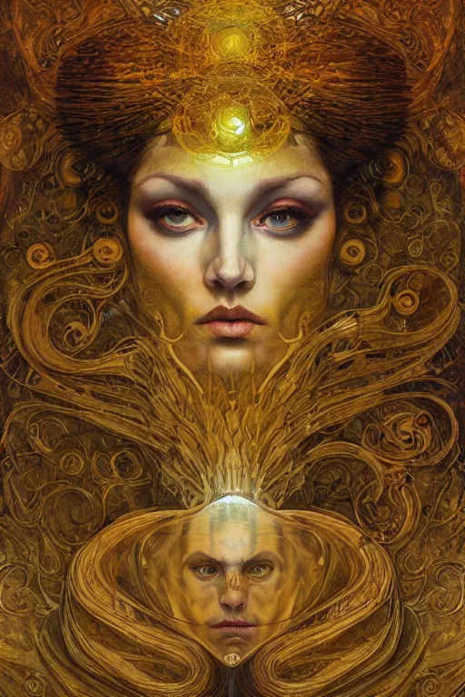 Image similar to Divine Chaos Engine portrait by Karol Bak, Jean Deville, Gustav Klimt, and Vincent Van Gogh, sacred geometry, visionary, mystic, fractal structures, ornate gilded medieval icon, spirals