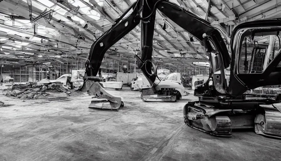 Image similar to extremely beautiful softly lit interior photo of futuristic construction equipment, excavator, backhoe, black, polished metal, gleaming, black and white corporate decals, polished concrete floor, sharp focus, clear focus, beautiful, award winning photo, extremely beautiful lighting, cinematic, modern, render, architectural, architecture, realistic, clear