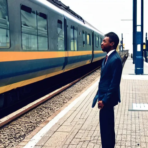 Prompt: a man in a suit waiting at a train station with a view of outer space across from him