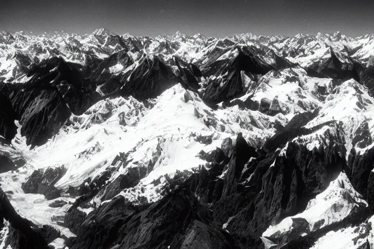 Prompt: tall mountains covered in snow and glaciers, photo from airplane by Ansel Adams,