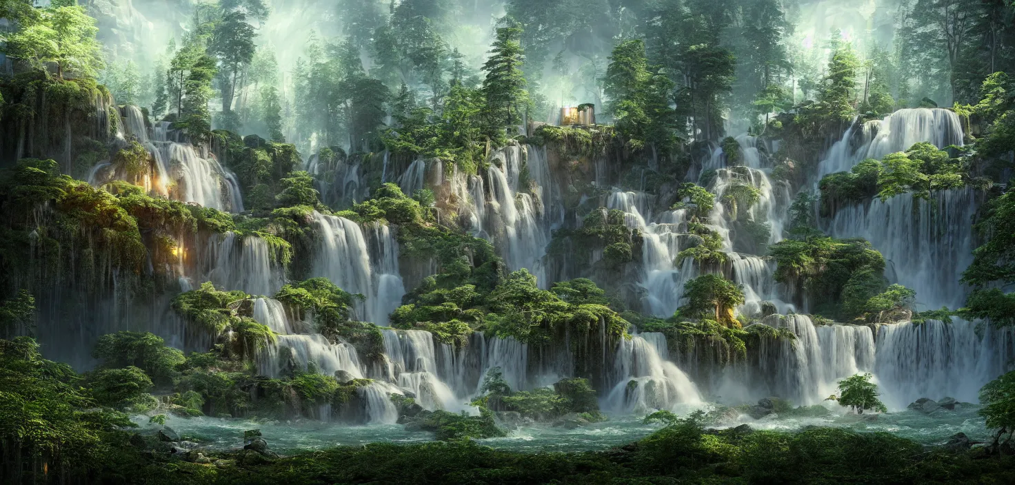 Image similar to beautiful big house in the forest, a big waterfall flows down from the mountain, octane render, fabulous, hyper detailed, random cinematic view, no noise, global illumination, warm lighting, volumetric, godrays, vivid, beautiful, by jordan grimmer