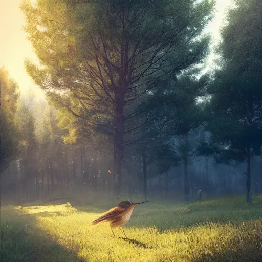 Prompt: wren bird in avila, green fields, pinetrees, summer season, 4 k, midday light, concept art, by wlop, ilya kuvshinov, artgerm, krenz cushart, greg rutkowski, pixiv. cinematic dramatic atmosphere, sharp focus, volumetric lighting, cinematic lighting, studio quality