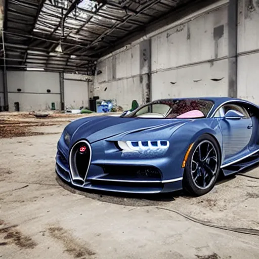 Image similar to an abandoned, derelict, rusty bugatti chiron in a dirty warehouse