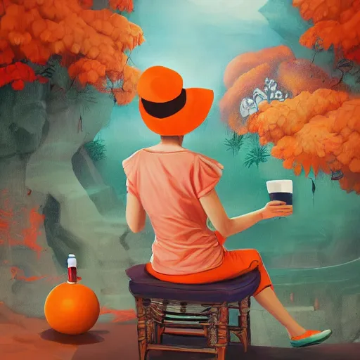 Prompt: a beautiful painting of an ibis in a sailor hat, wearing an orange and green shirt, drinks juice, and watches tv, inspired by cyril rolando, david wiesner, ornate, intricate, microdetails, octane render, volumetric lighting, hypermaximalist